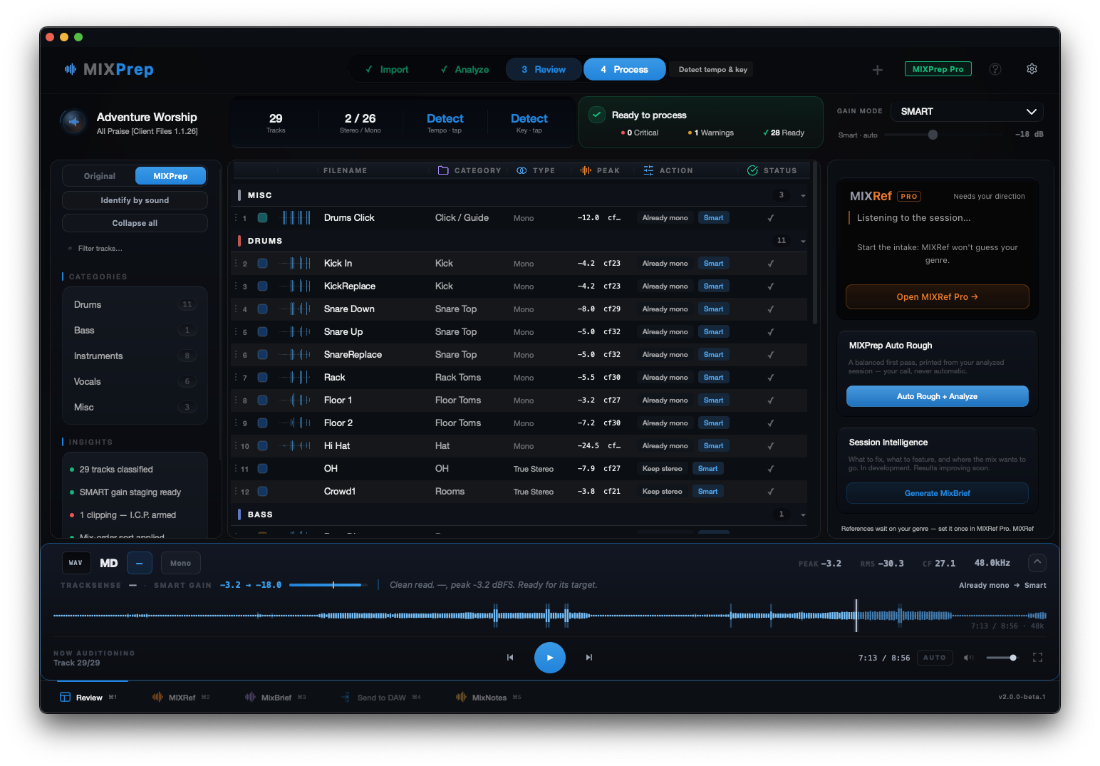 MIXPrep 2.1: the review screen, 29 tracks ready to process