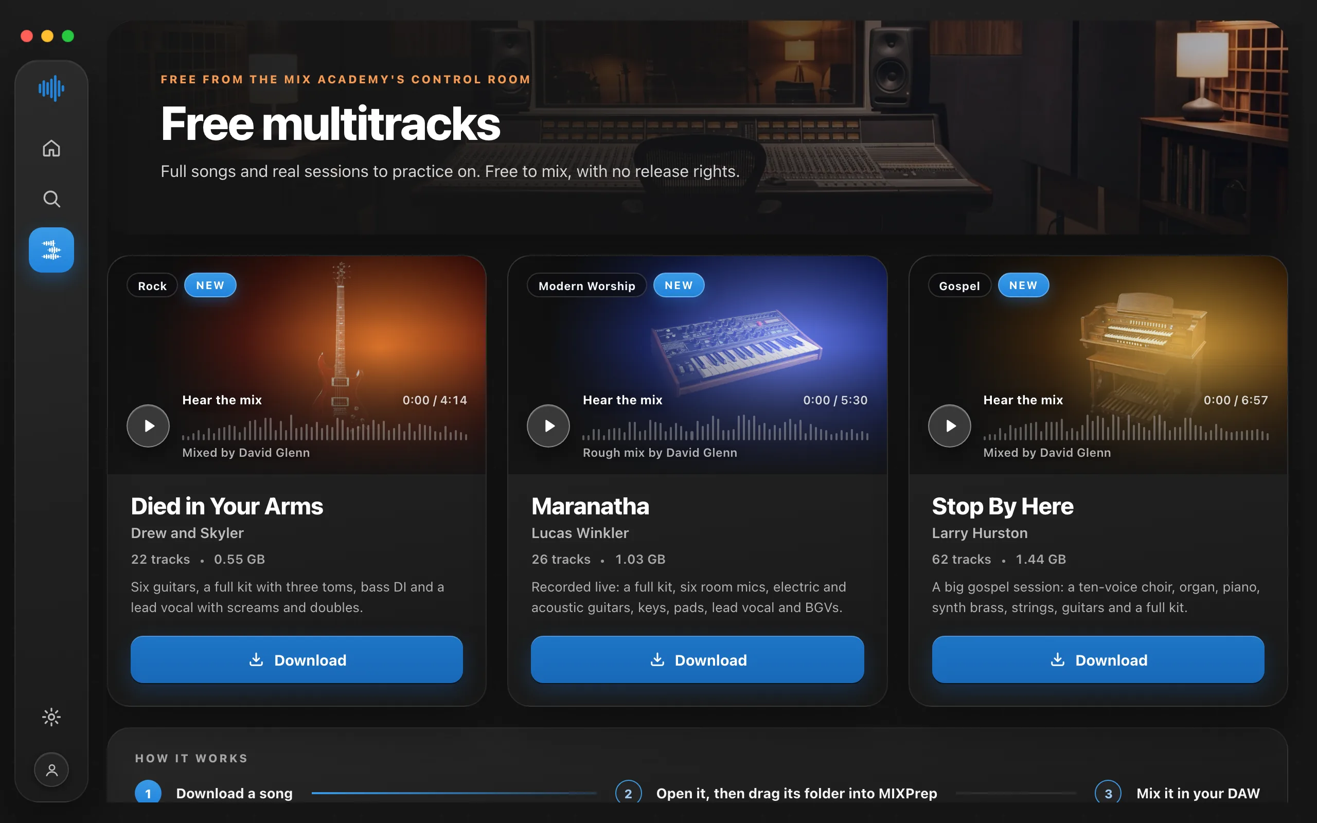 MIXPrep Free multitracks: Died in Your Arms, Maranatha and Stop By Here, each with David's mix to hear