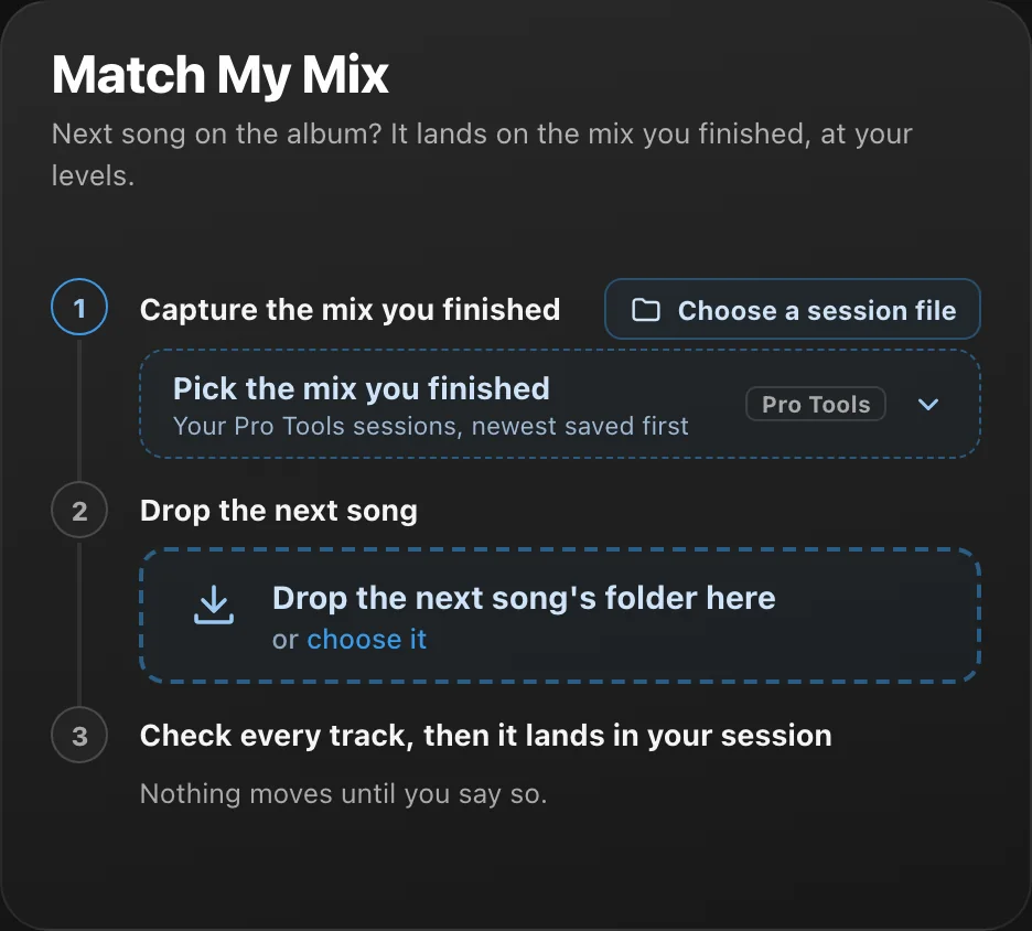 Match My Mix on MIXPrep's Home: capture the mix you finished, drop the next song, check every track