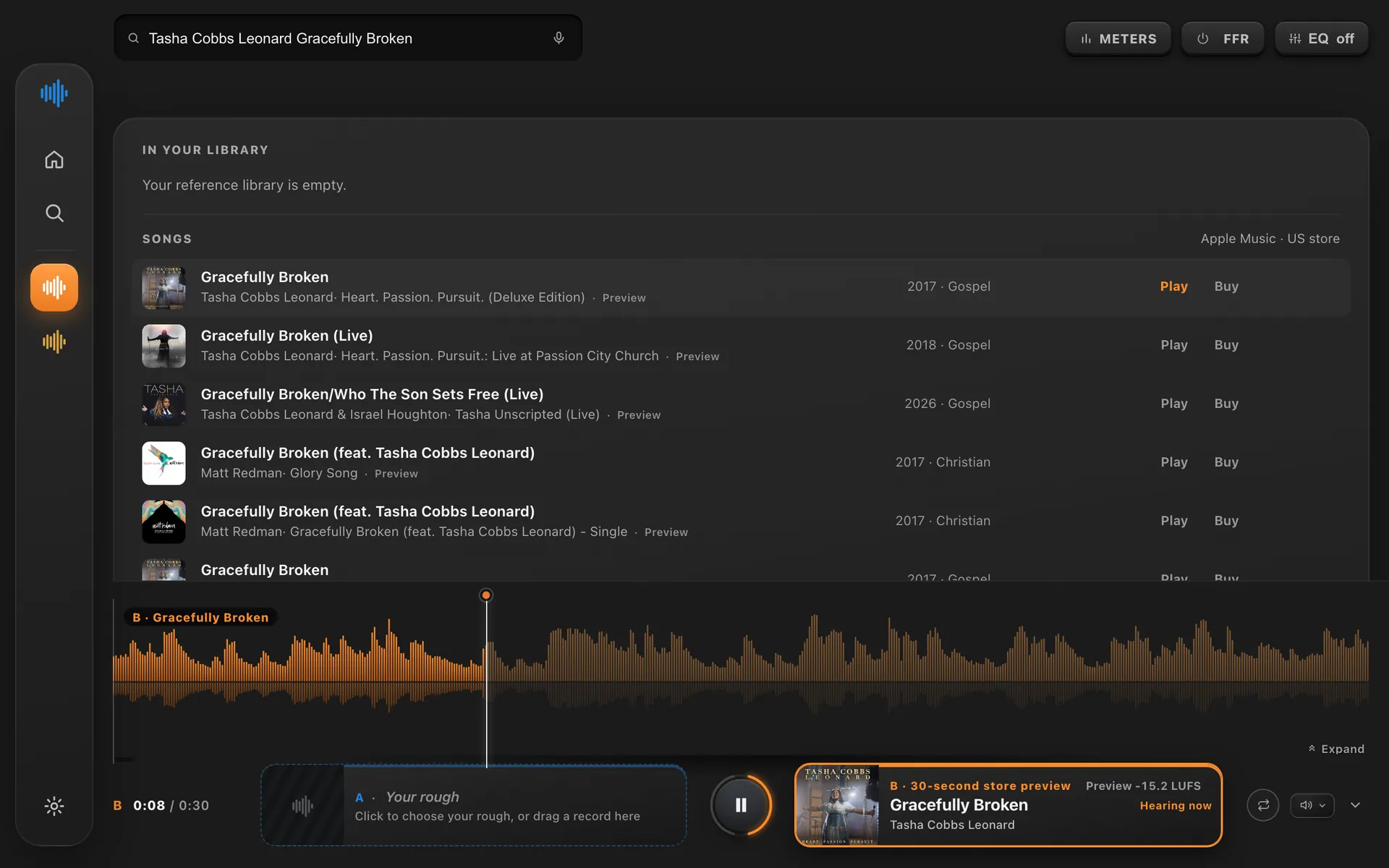 MIXRef playing Gracefully Broken by Tasha Cobbs Leonard in B, found by search, with its waveform, store preview and loudness on screen