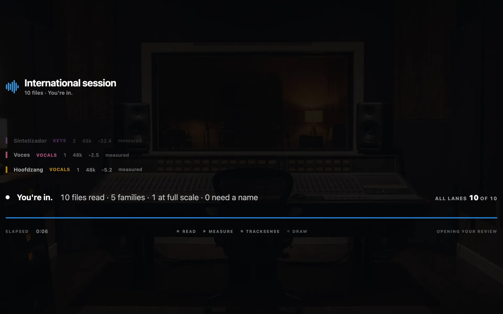 MIXPrep reading a session with Spanish, Italian and Dutch track names: 10 files read, 5 families, 0 need a name