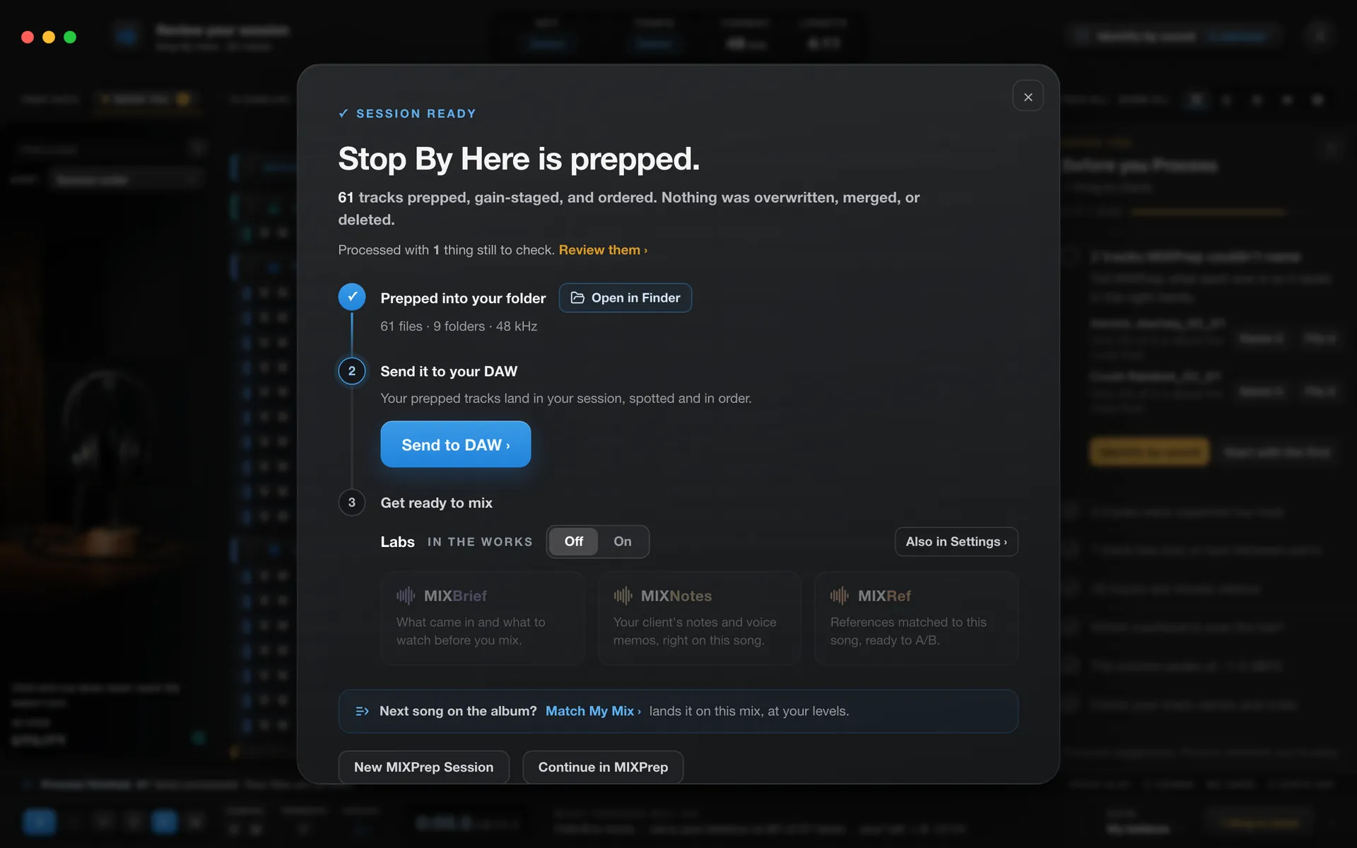 The Session ready card: Stop By Here is prepped, 61 tracks prepped, gain-staged, and ordered. Nothing was overwritten, merged, or deleted.